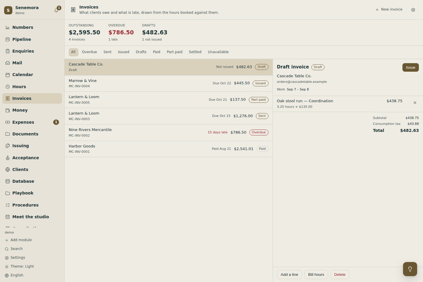 Senemora invoices showing outstanding and overdue amounts alongside a draft invoice with billable hours and tax.