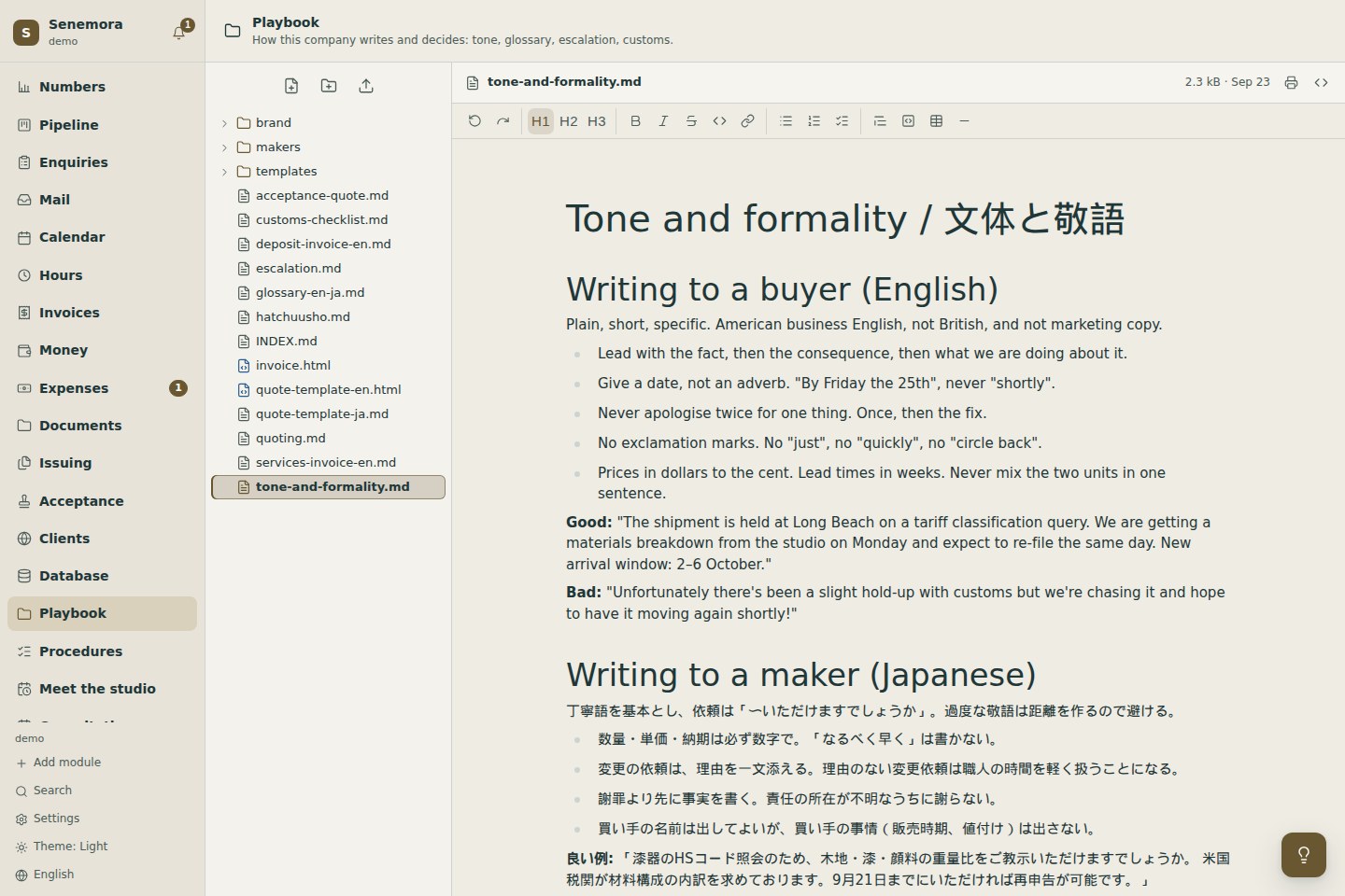 Senemora playbook with a shared guide to writing to buyers in English and makers in Japanese, alongside templates and checklists.